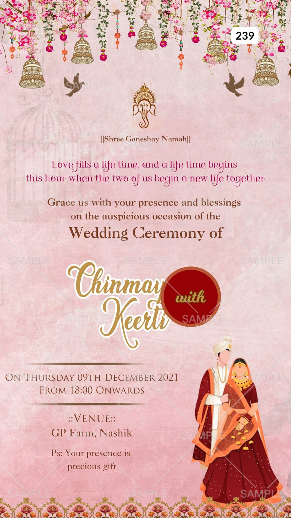 wedding ceremony invitation card Canva Editable Template of hindu maharashtrian marathi family in english language with vintage theme design 239