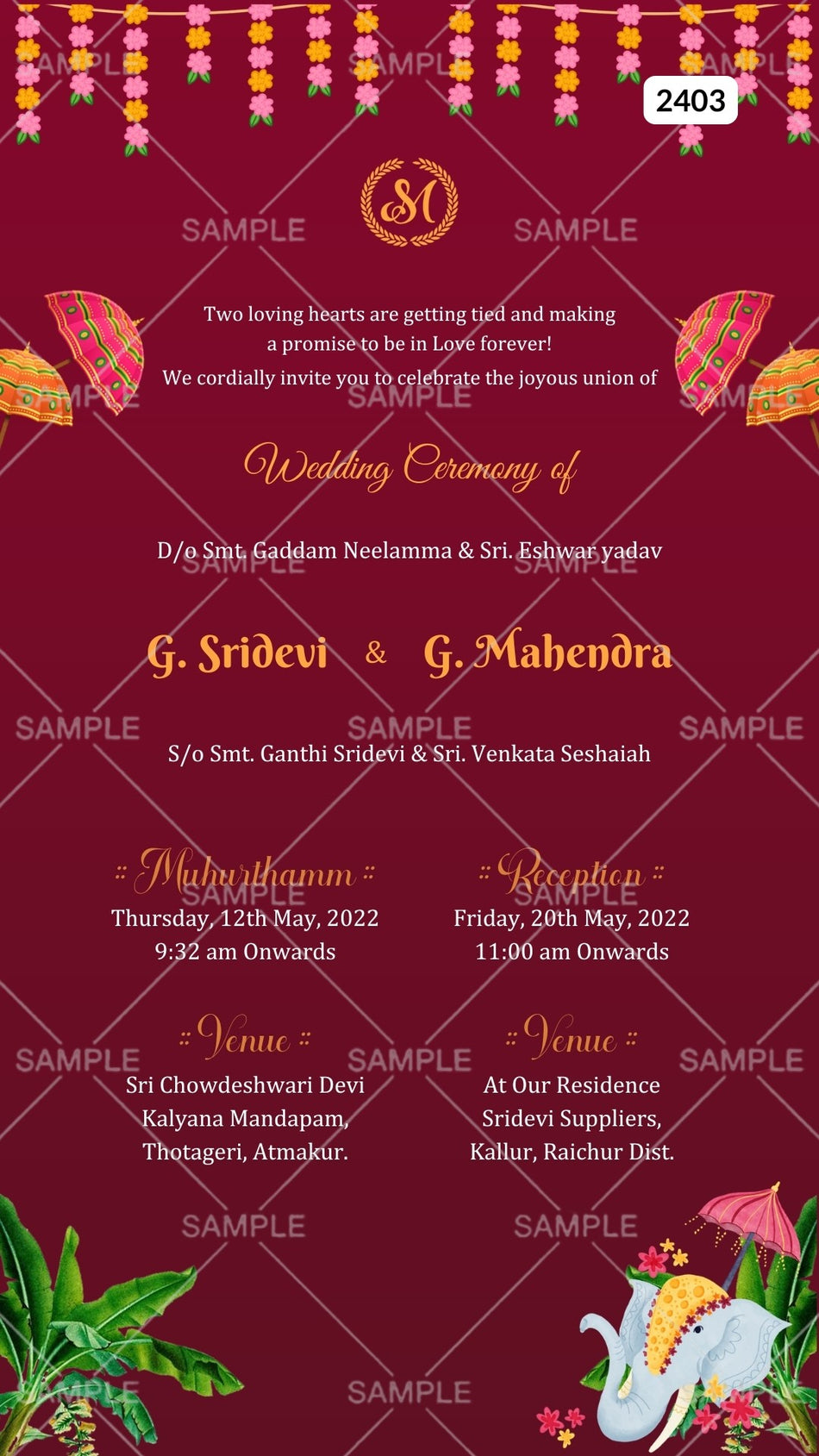 Bollywood Style couple doodle invitation card Canva Editable Template for the wedding ceremony of Hindu south indian telugu family in english language with traditional theme design 2403
