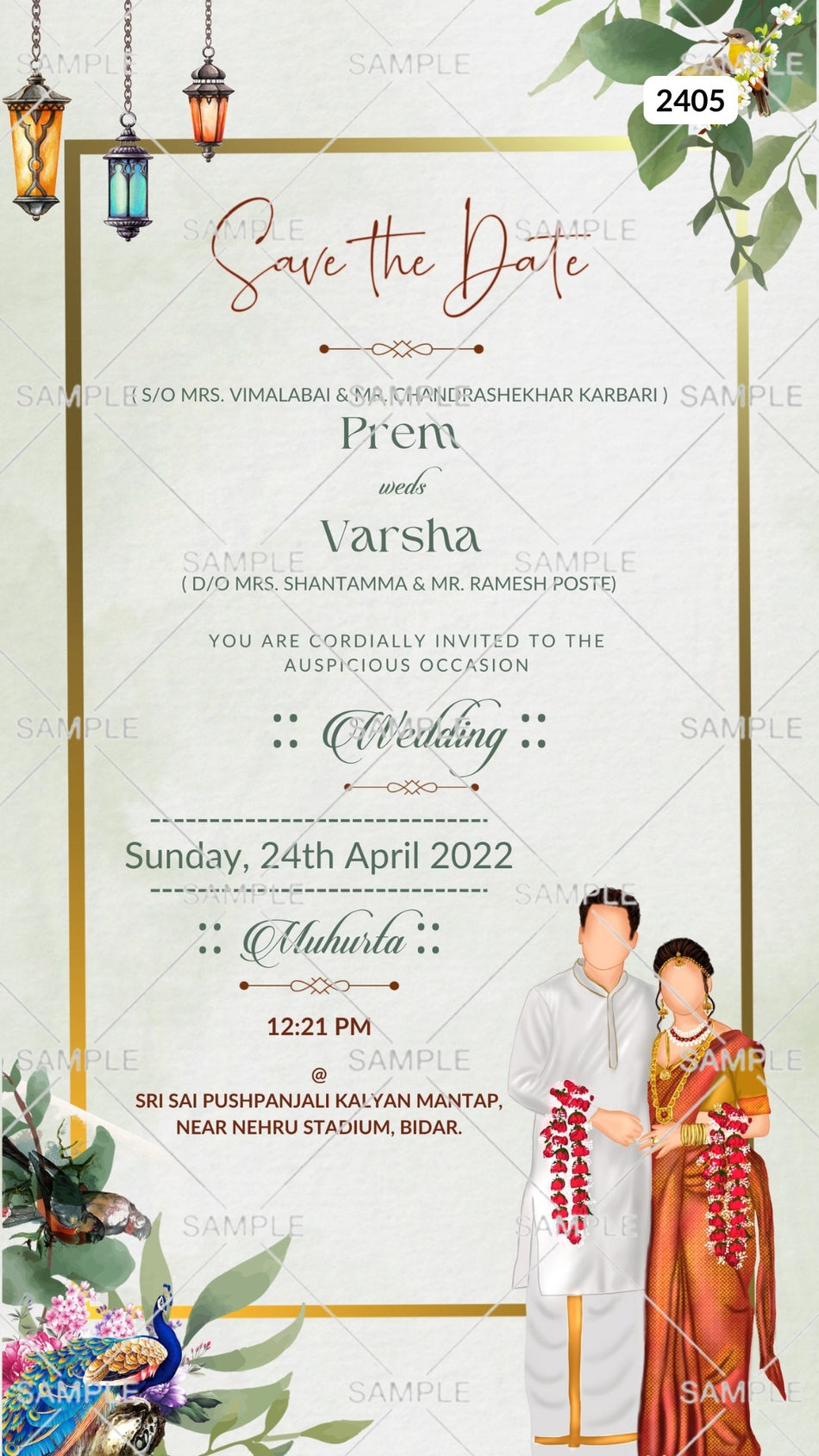 Panche Saree couple doodle digital invitation card Canva Editable Template for wedding ceremony of hindu south indian Kannada family in english language with Floral Vintage theme design 2405
