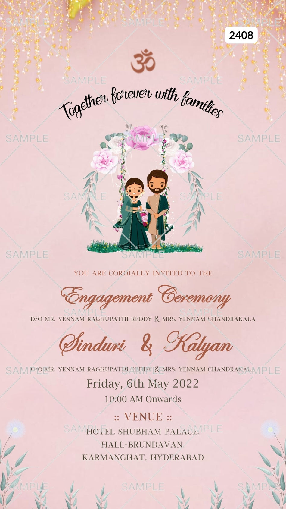 Engagement ceremony invitation card Canva Editable Template in english language with string light, couple doodle as minimalistic theme design 2408