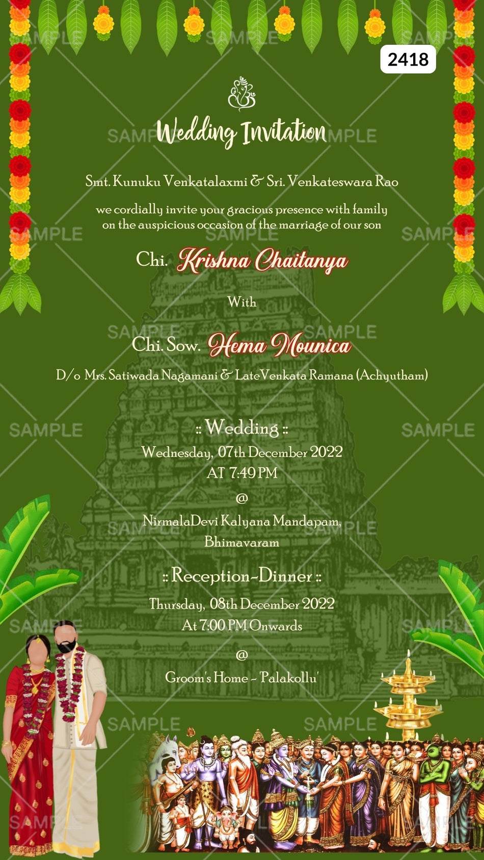 Namaste couple doodle invitation card Canva Editable Template for the wedding ceremony of Hindu south indian telugu family in english language with temple theme design 2418