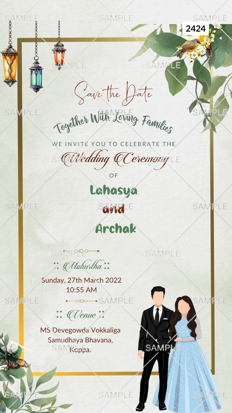 Romantic couple doodle digital invitation card Canva Editable Template for wedding ceremony of hindu south indian Kannada family in english language with pastel green theme design 2424