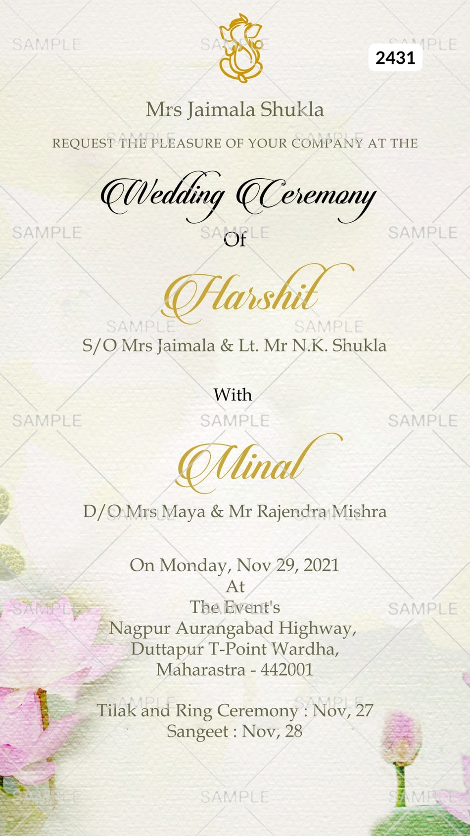 Wedding ceremony invitation card Canva Editable Template of hindu maharashtrian marathi family in english language with artistic floral theme design 2431