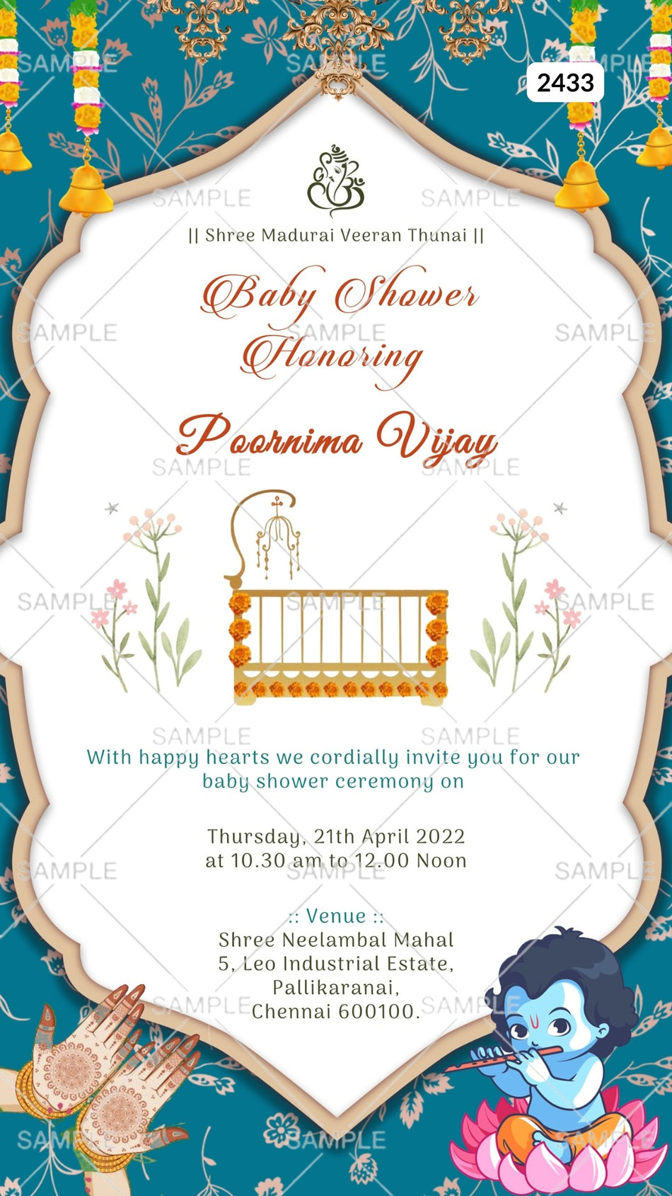 Baby Shower ceremony invitation card Canva Editable Template in english language with flowers, krishna, mahendi hand as arch theme design 2433