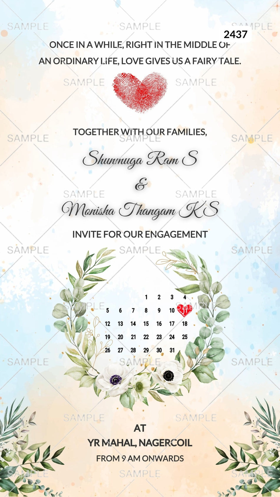 Engagement ceremony invitation card Canva Editable Template in english language with heart as artistic leaves theme design 2437