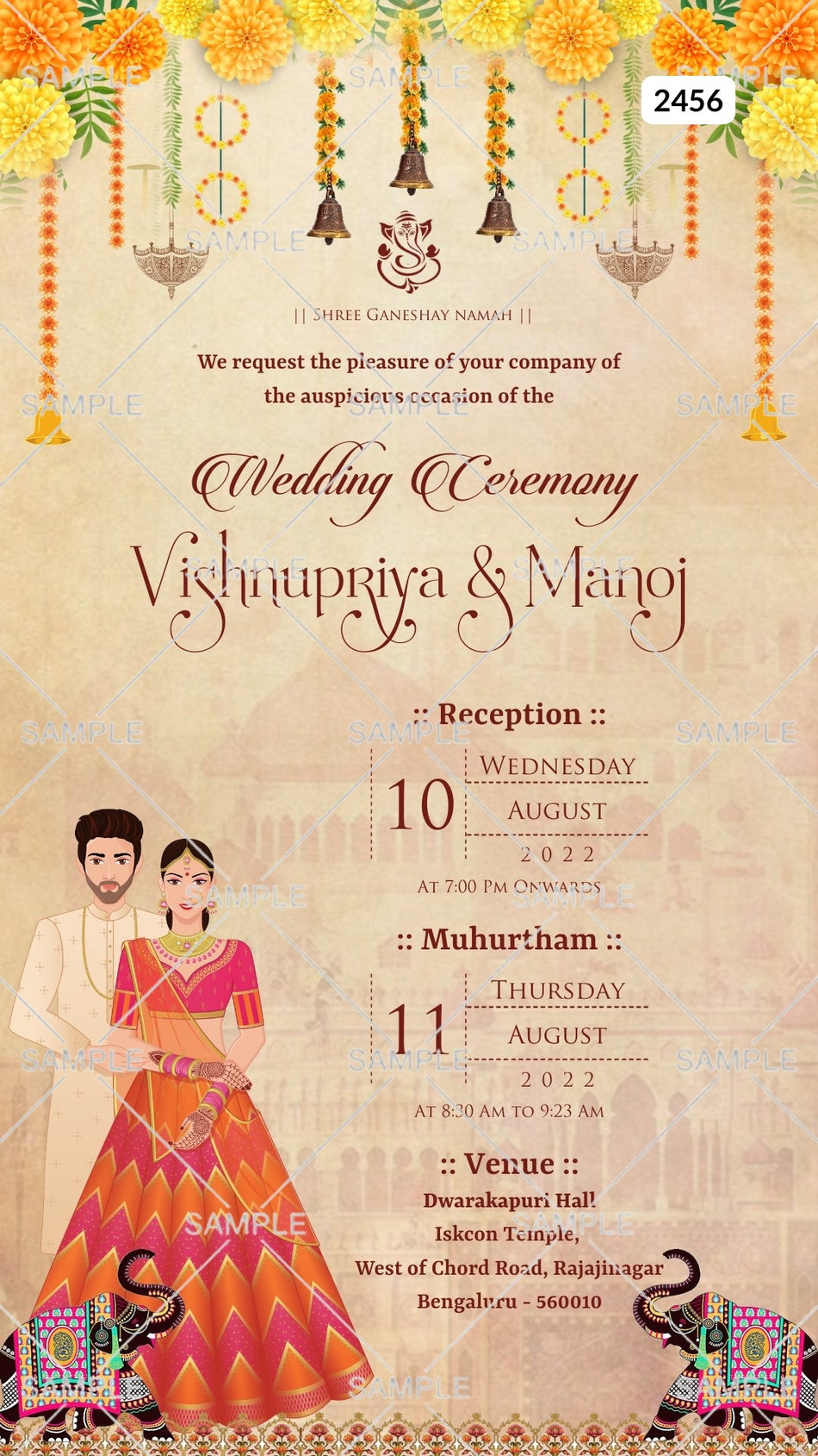 Stylish couple doodle digital invitation card Canva Editable Template for wedding ceremony of hindu south indian Kannada family in english language with Marigold theme design 2456
