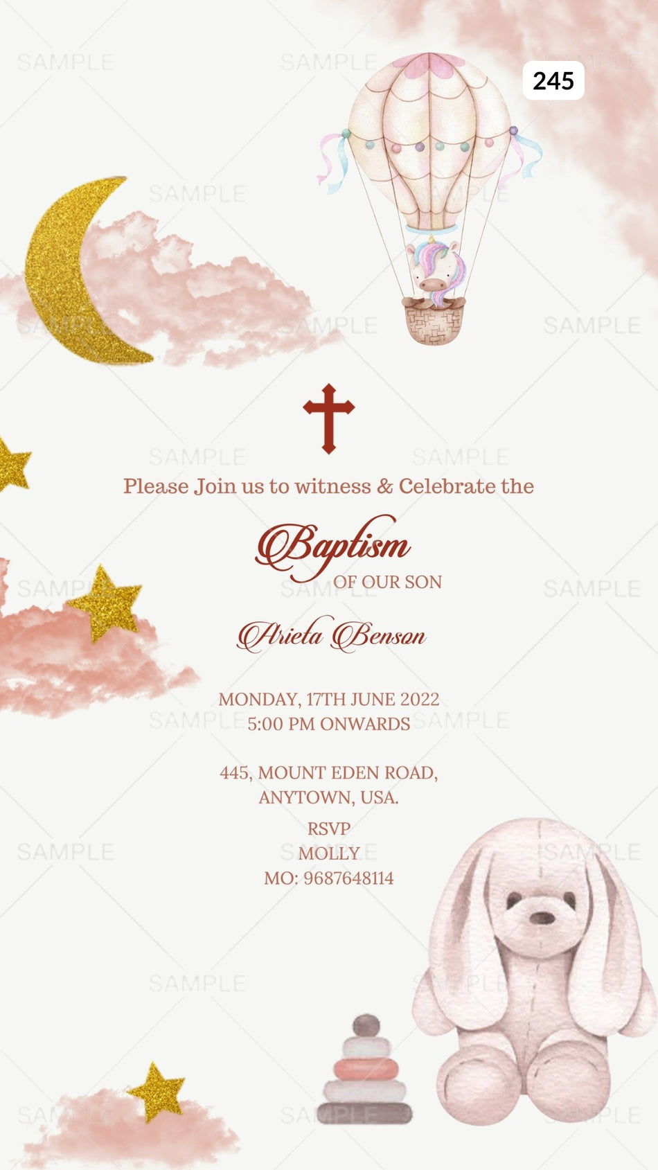 Baptism ceremony invitation card Canva Editable Template in english language with moon, cloud as playful theme design 245