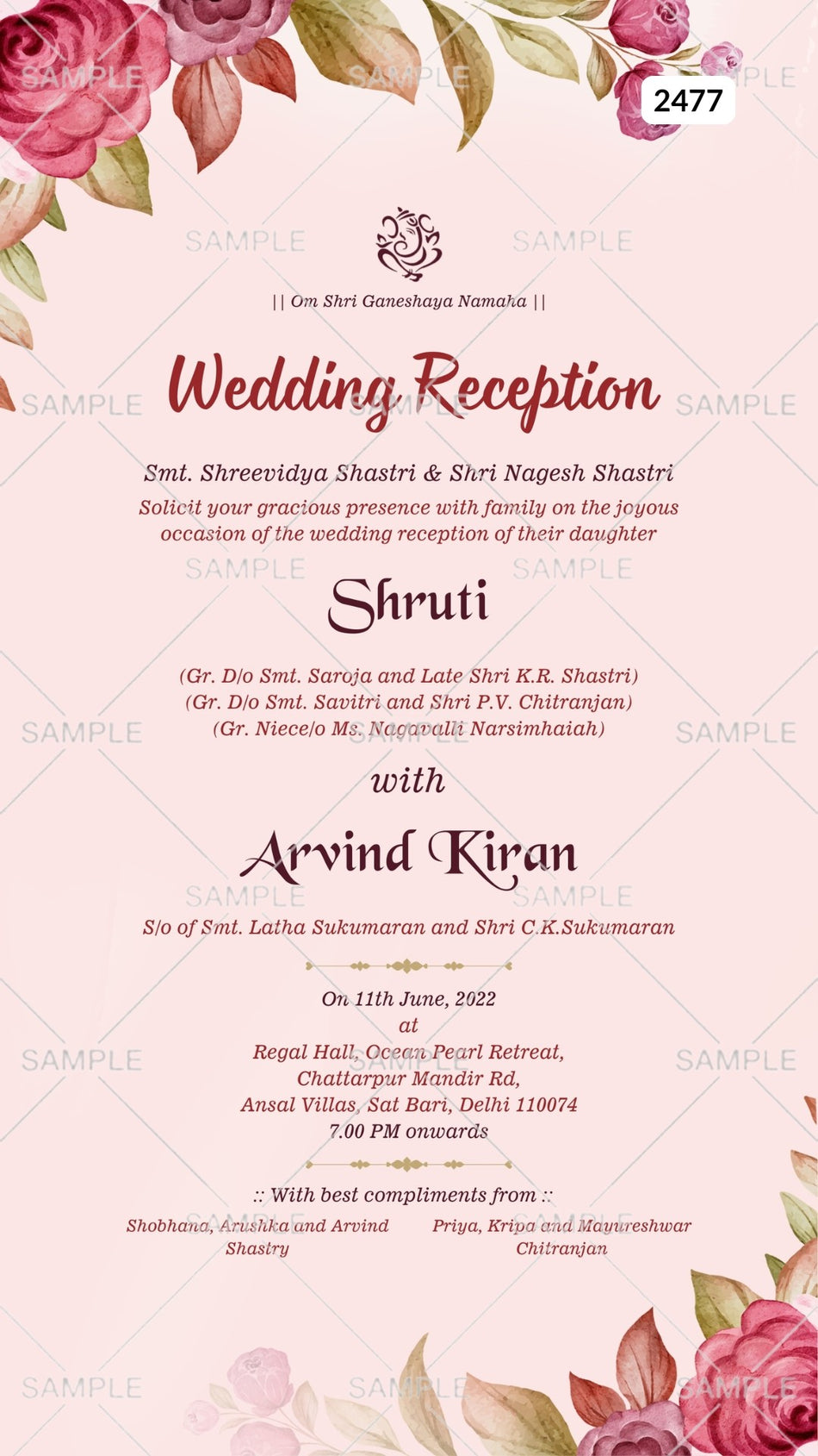 Reception Party invitation card Canva Editable Template in english language with flowers, leaves as floral theme design 2477