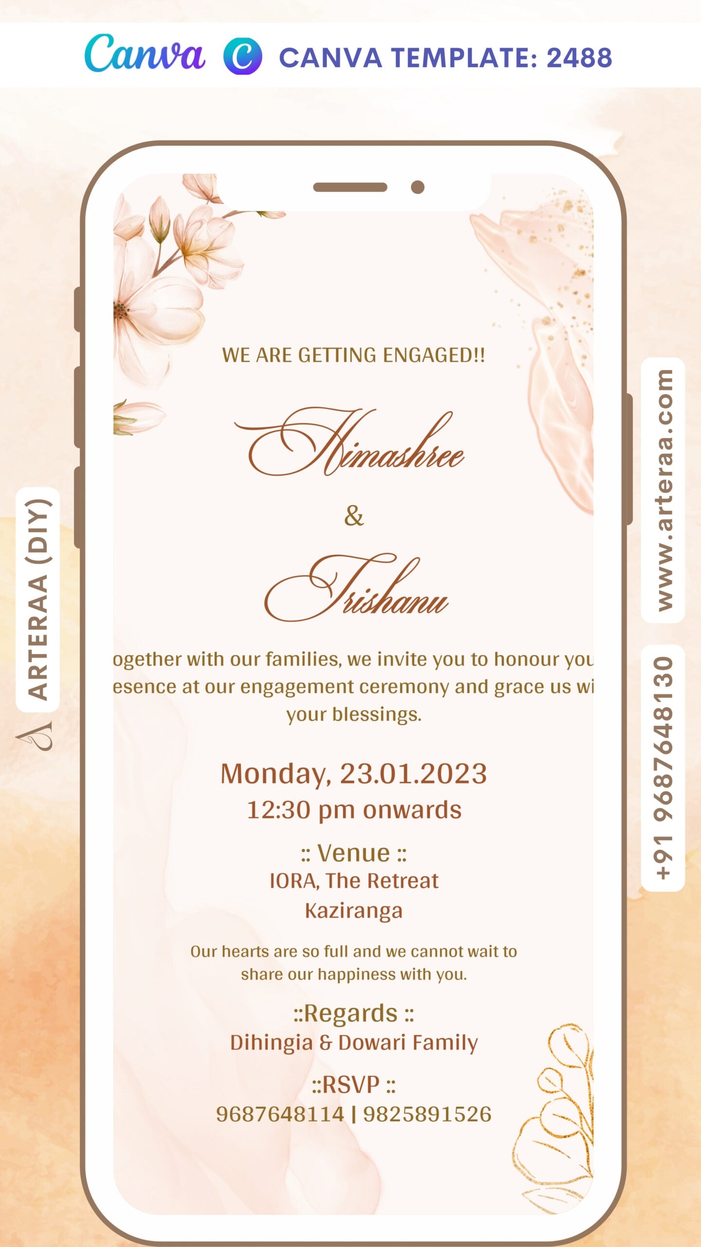 Engagement ceremony invitation card Canva Editable Template in english language with sparkle as floral theme design 2488
