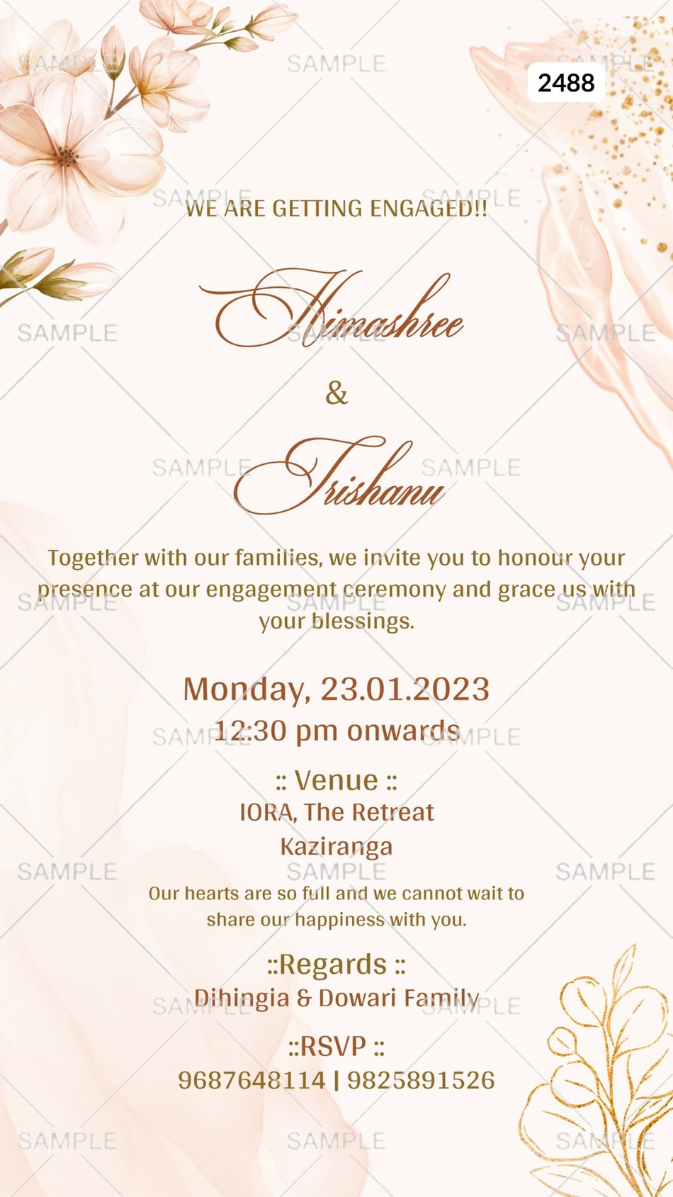 Engagement ceremony invitation card Canva Editable Template in english language with sparkle as floral theme design 2488