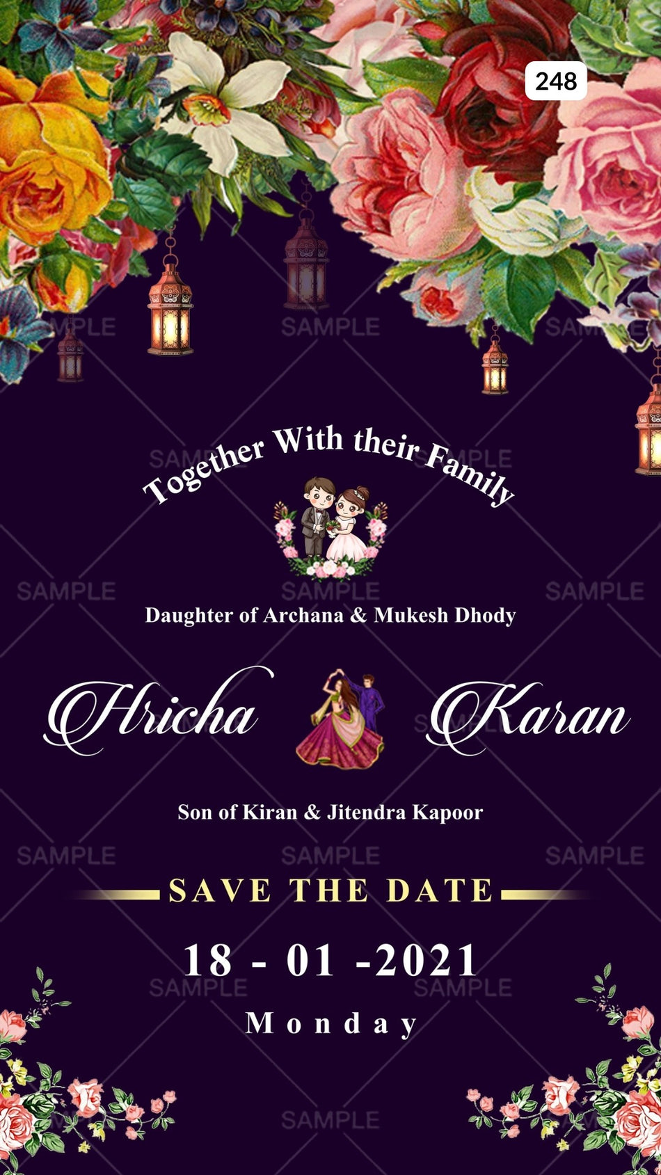 Save the Date card Canva Editable Template in english language with stylish couple doodle, flowers as floral theme design 248