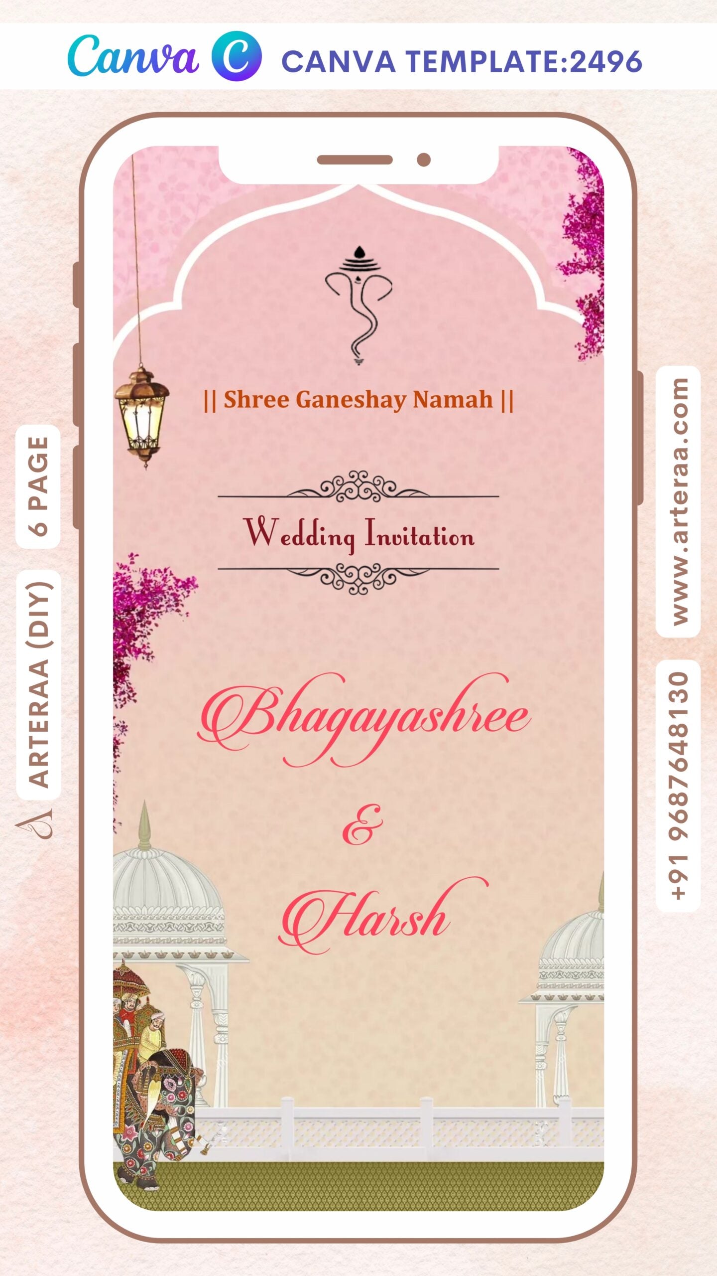 wedding ceremony invitation Canva Editable video Template of south indian kannada family in hindi language with arch theme design 2496