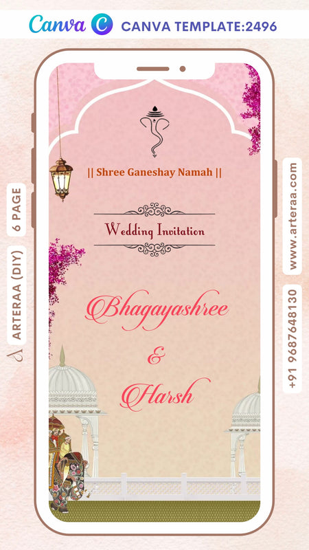 wedding ceremony invitation Canva Editable video Template of south indian kannada family in hindi language with arch theme design 2496