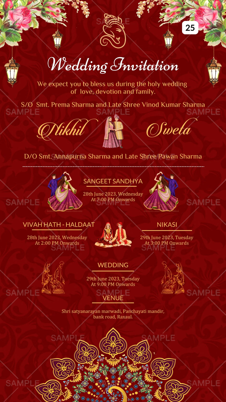Wedding ceremony invitation card Canva Editable Template of hindu Bihari family in english language with  Traditional theme design 25