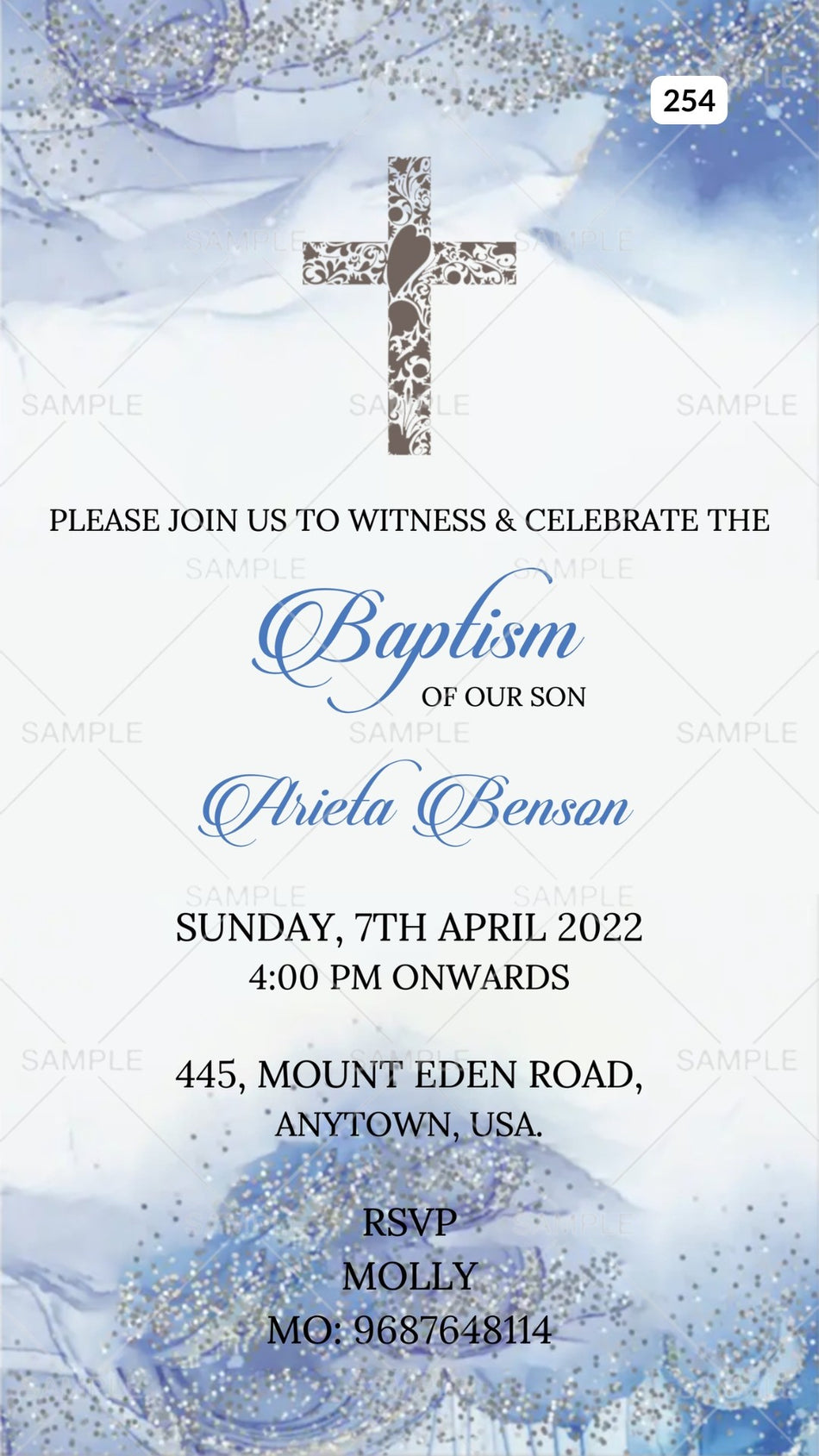 Baptism ceremony invitation card Canva Editable Template in english language with christian cross symbol as glittery theme design 254