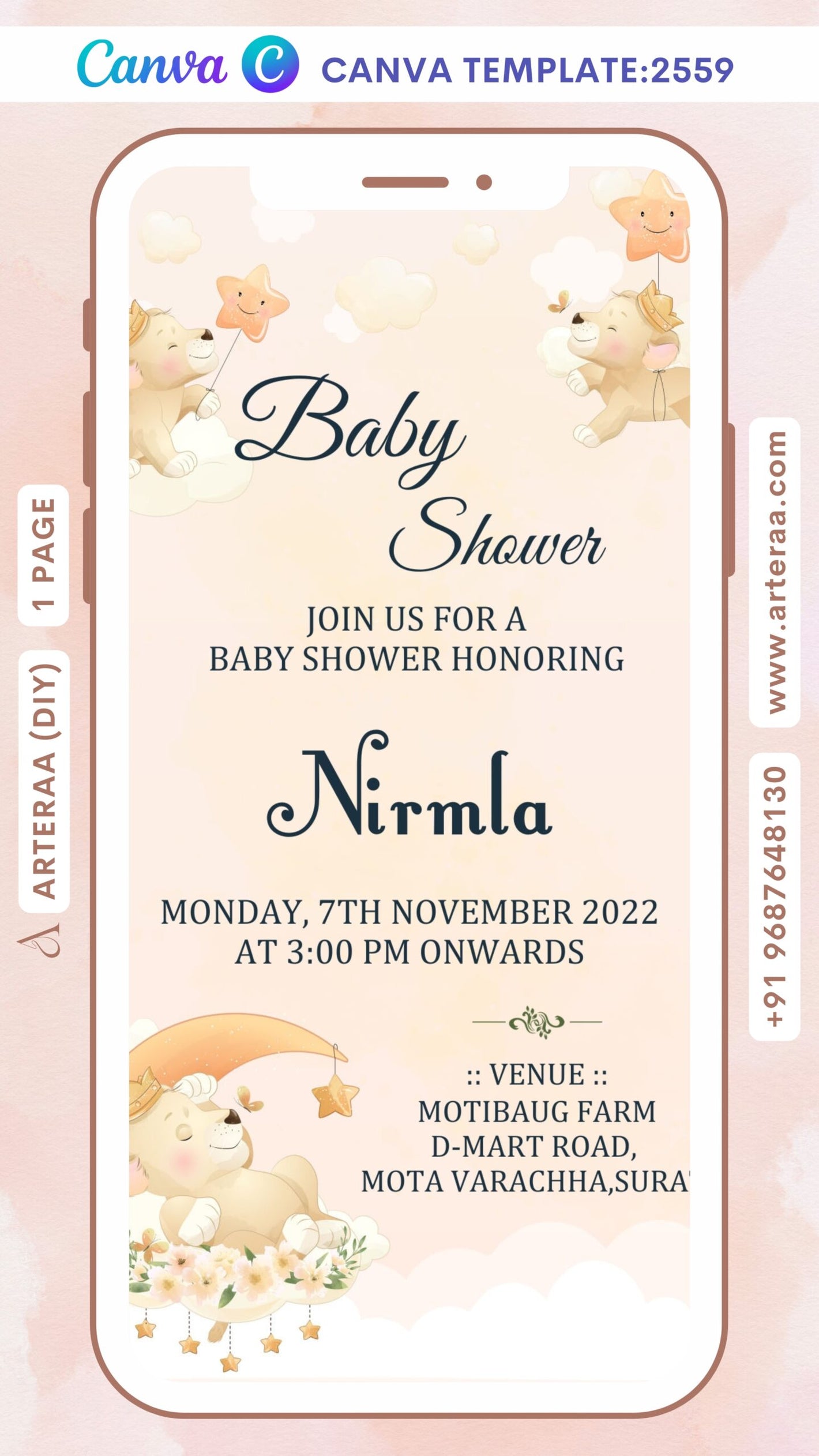 Simant vidhi Baby Shower ceremony invitation Canva Editable video Template in gujarati language with moon, star, flowers as playful theme design 2559