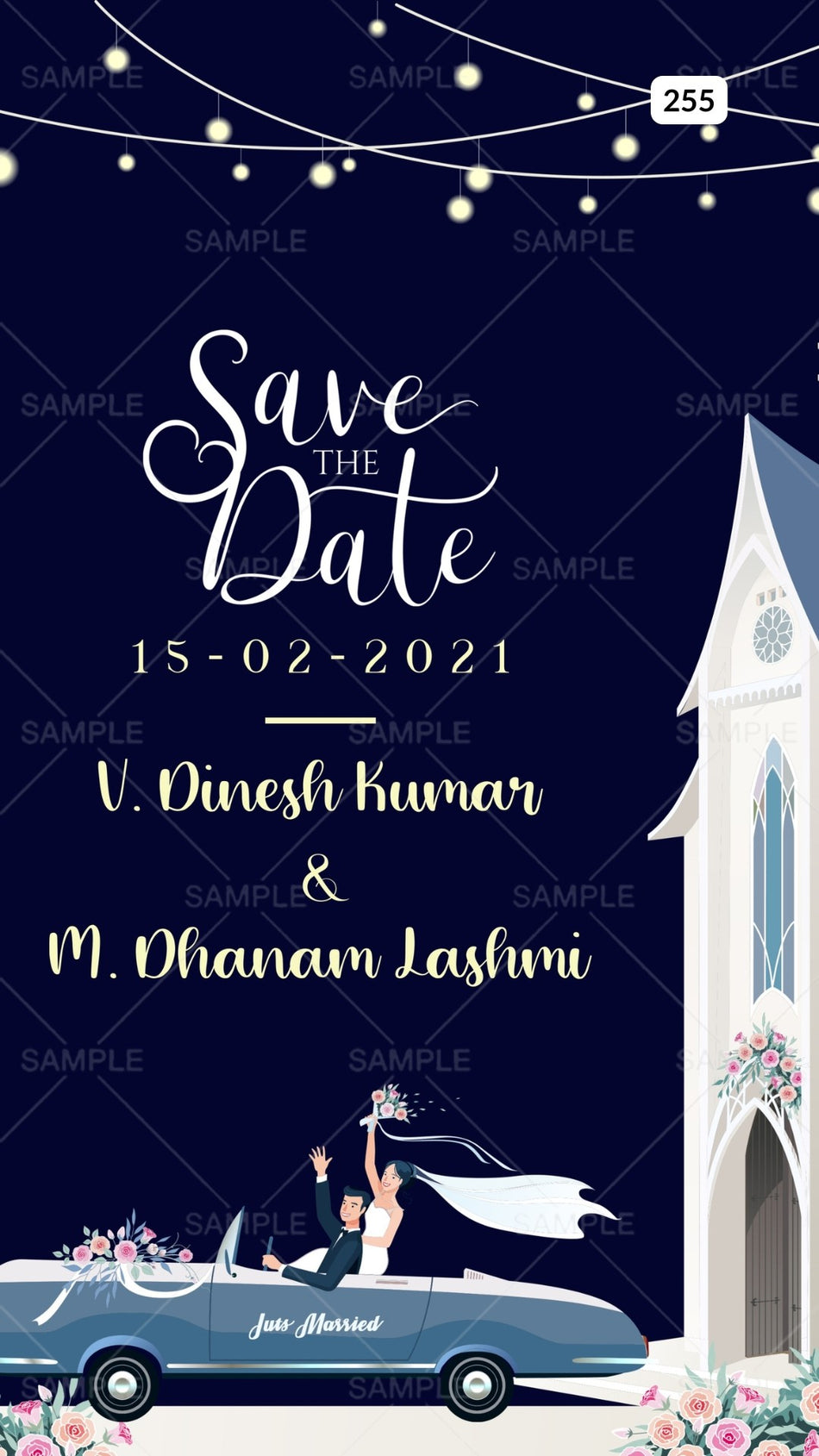 Save the Date card Canva Editable Template in english language with romantic couple doodle, flowers as night theme design 255