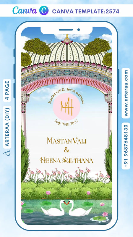 Wedding ceremony invitation Canva Editable video Template of hindu south indian telugu family in english language with Garden Nigh theme design 2574