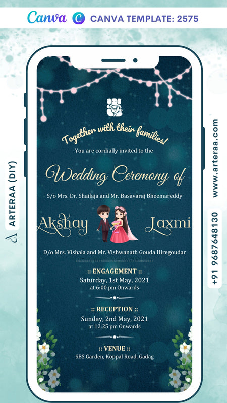 Wedding ceremony invitation card Canva Editable Template of hindu south indian kannada family in english language with glittery theme design 2575