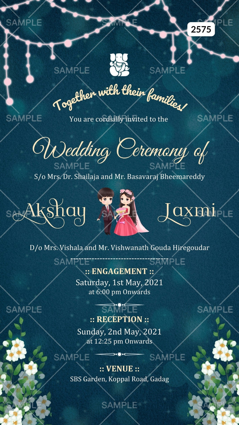 Wedding ceremony invitation card Canva Editable Template of hindu south indian kannada family in english language with glittery theme design 2575