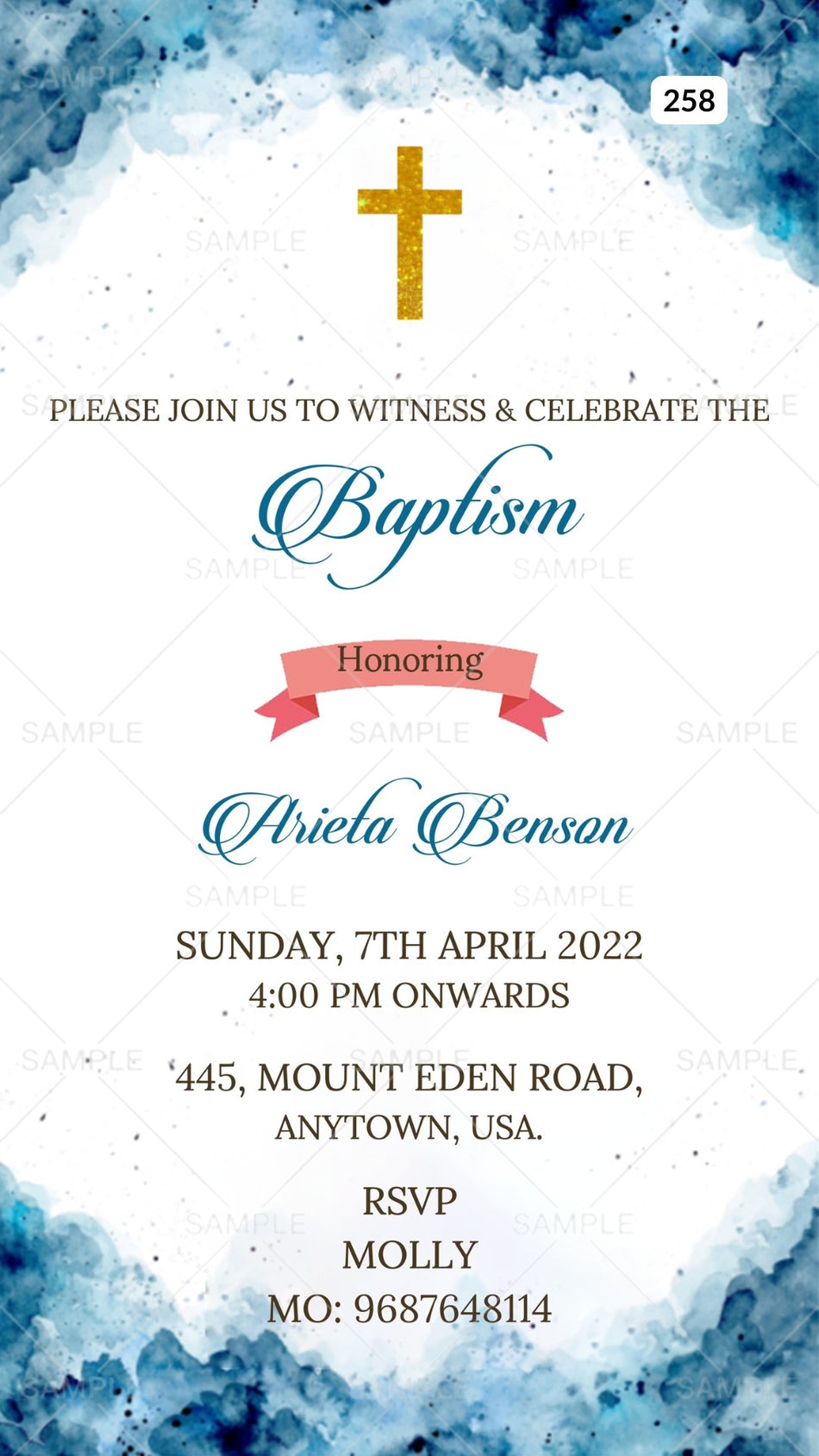 Baptism ceremony invitation card Canva Editable Template in english language with christian cross symbol as minimalistic theme design 258