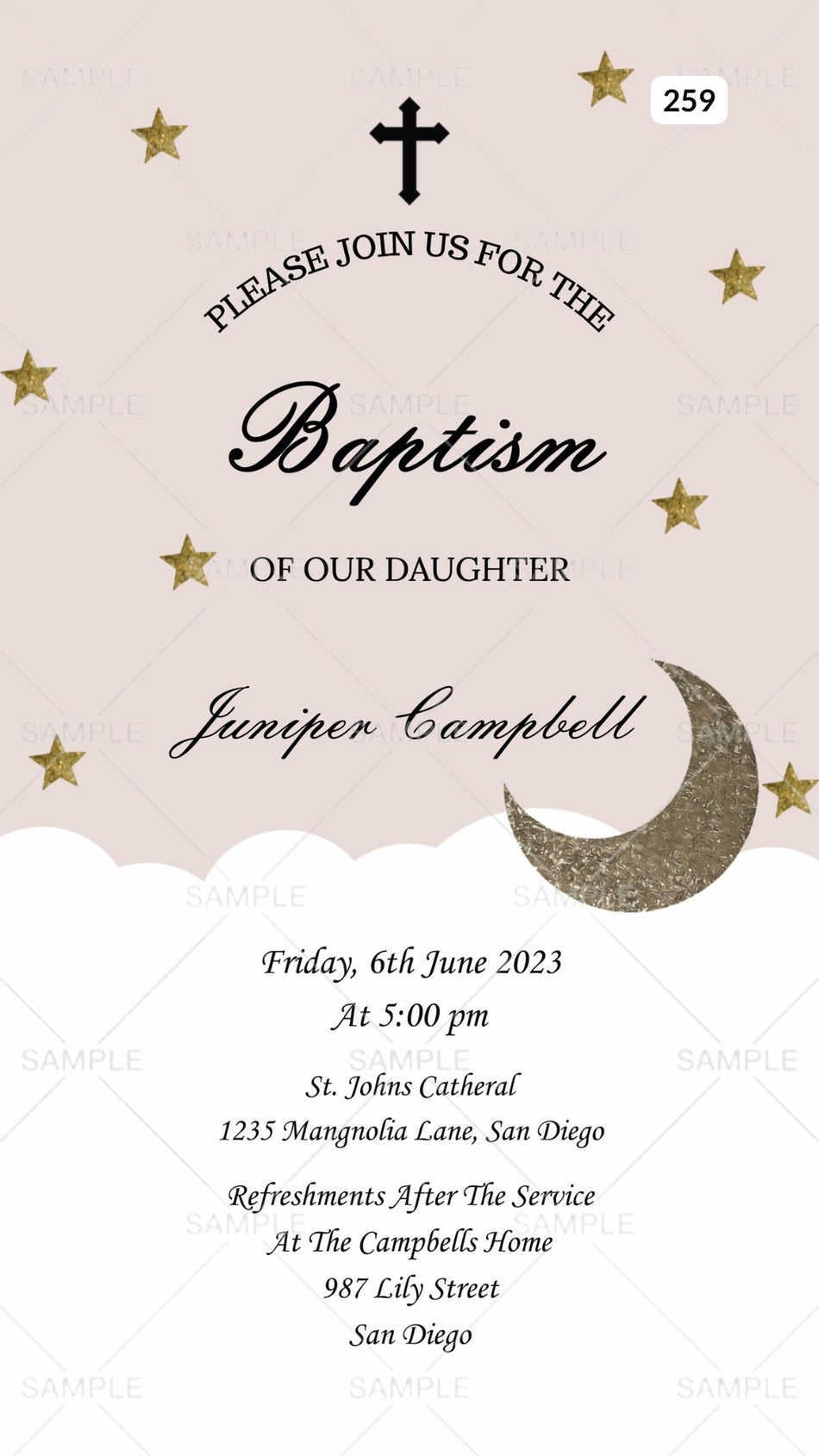 Baptism ceremony invitation card Canva Editable Template in english language with moon, star as minimalistic theme design 259