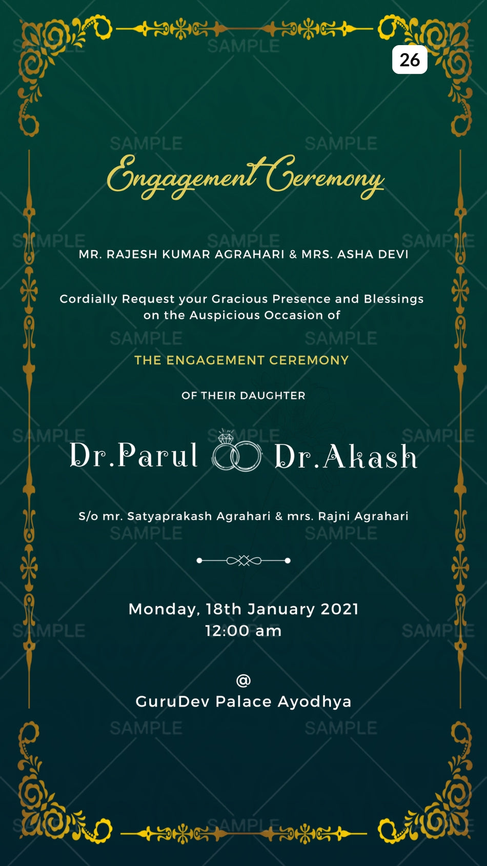 Engagement ceremony invitation card Canva Editable Template in english language with golden border as minimalistic theme design 26