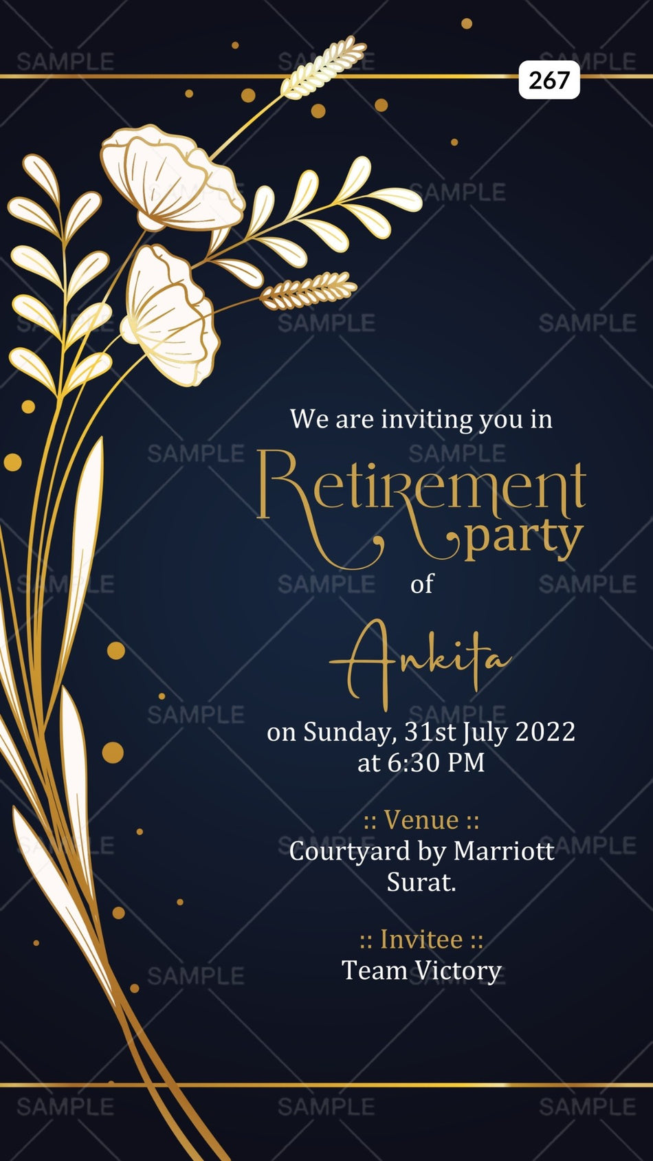 Retirement Party invitation card Canva Editable Template in english language with frame, flowers as glittery theme design 267