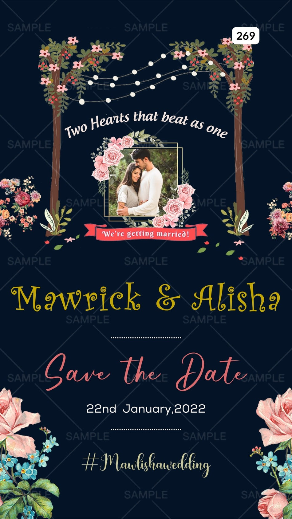 Save the Date card Canva Editable Template in english language with flowers, leaves as floral theme design 269