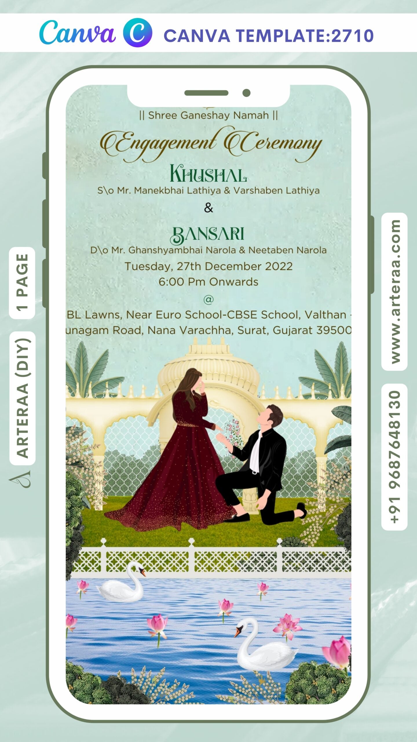Engagement ceremony invitation Canva Editable video Template for in english language with lotus, tree, grass as traditional theme design 2710
