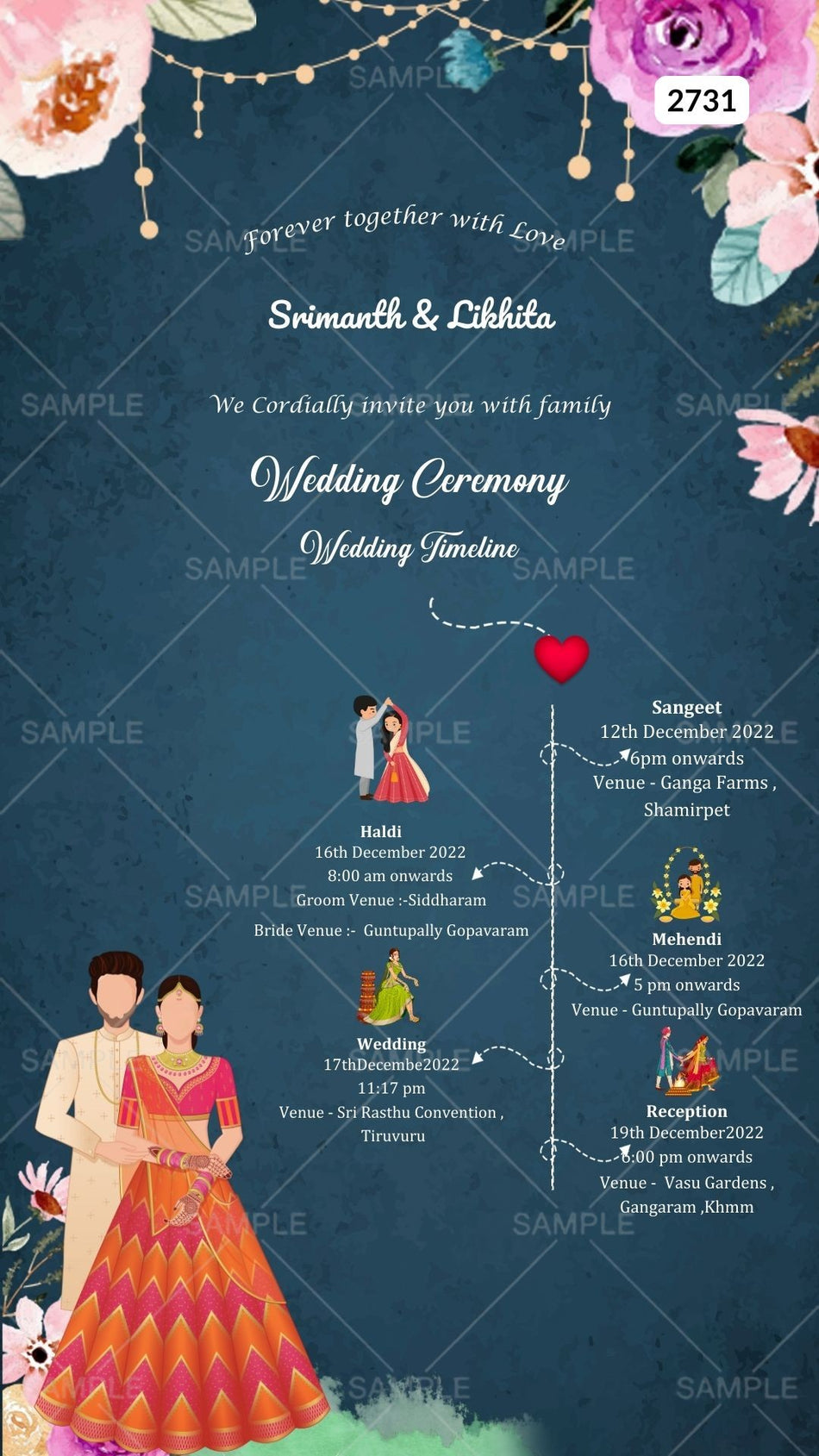 Traditional couple doodle invitation card Canva Editable Template for the wedding ceremony of Hindu south indian telugu family in english language with artistic floral theme design 2731