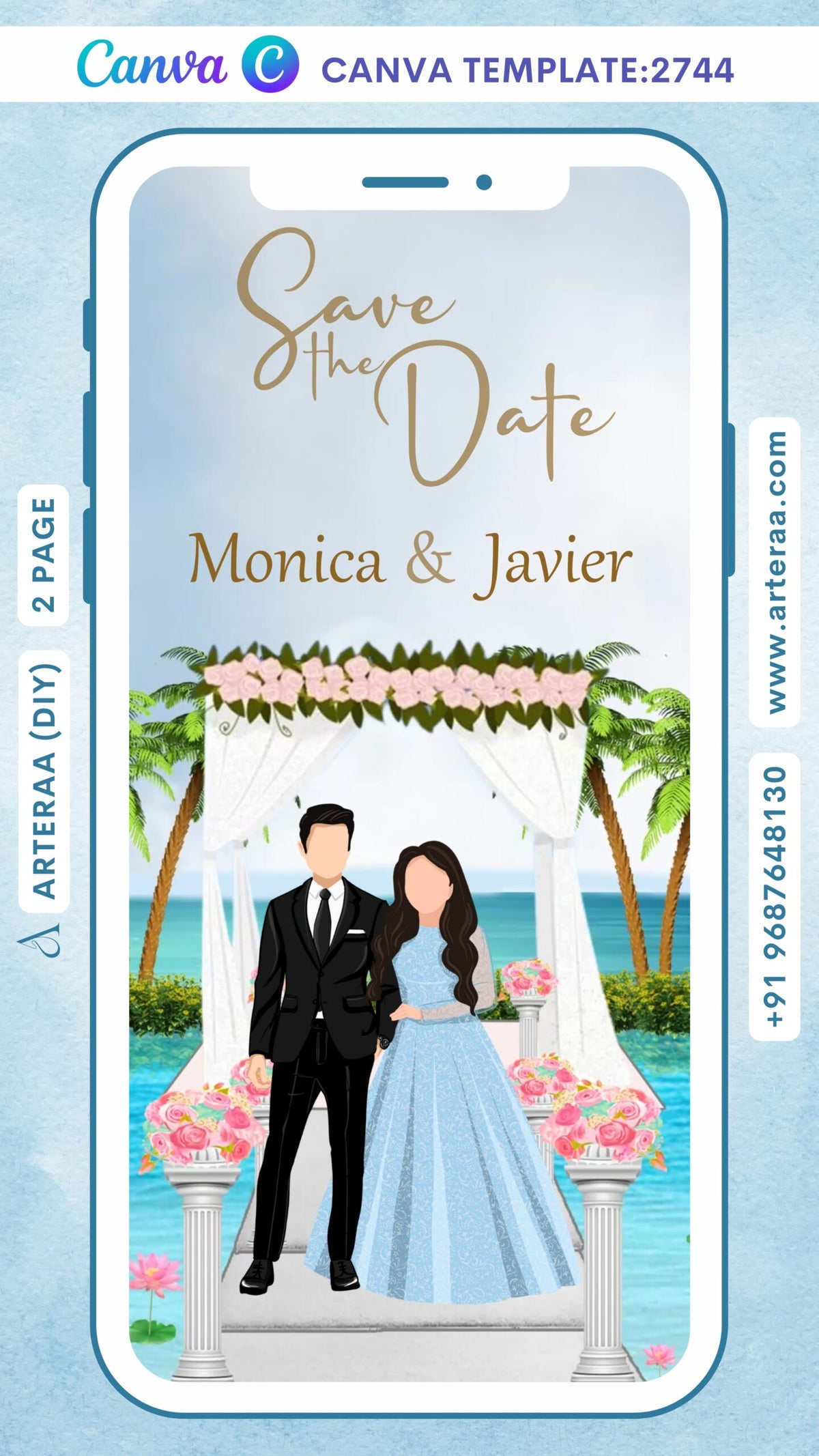 Save the Date invitation Canva Editable video Template for in English language with beach theme design 2744