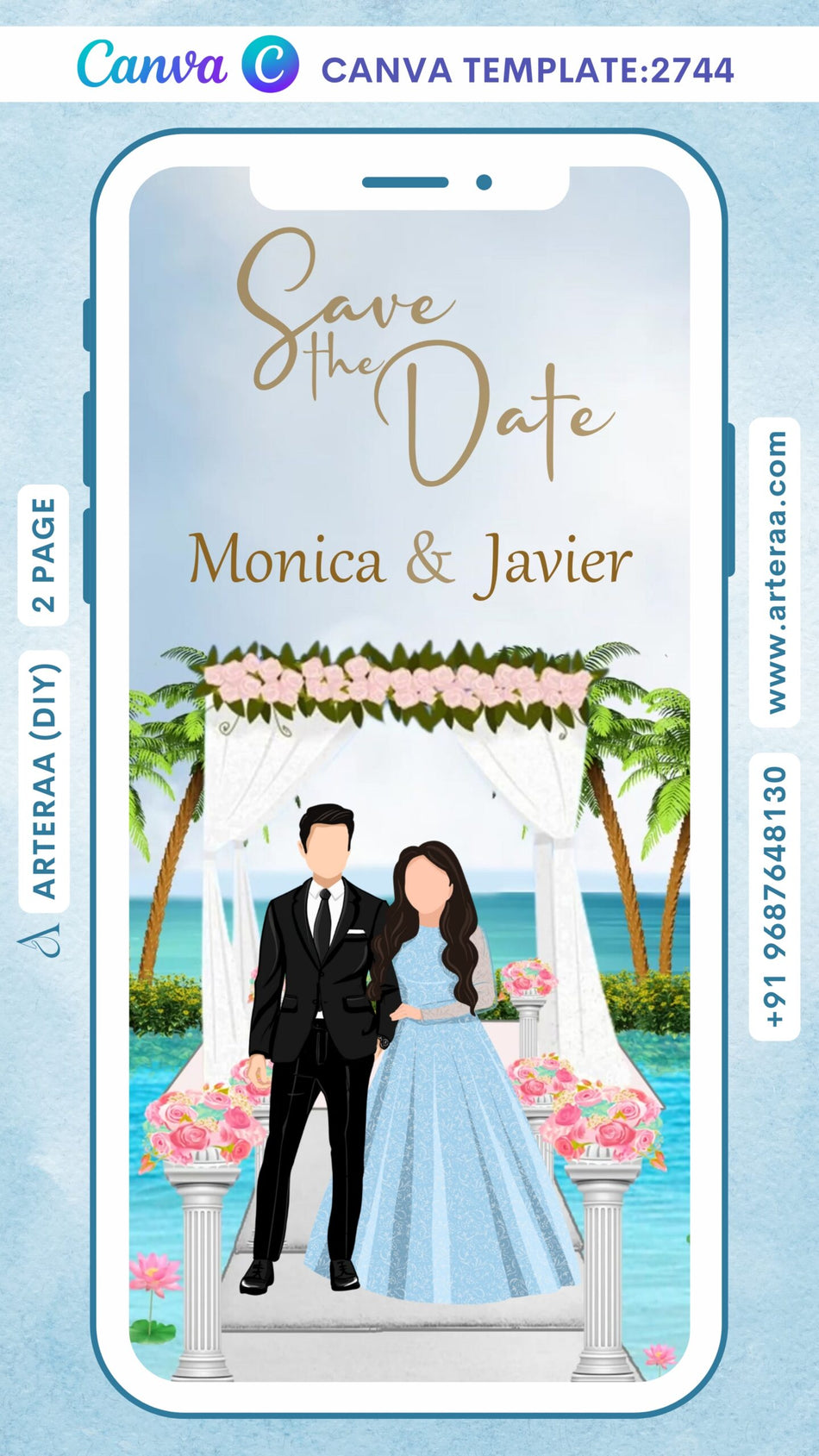 Save the Date invitation Canva Editable video Template for in English language with beach theme design 2744