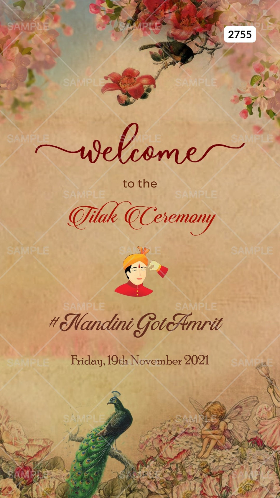 Engagement ceremony invitation card Canva Editable Template in english language with peacock, birds as vintage theme design 2755