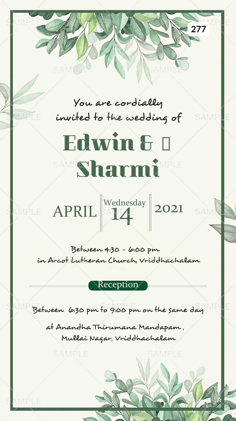 Wedding ceremony invitation card Canva Editable Template of hindu south indian tamil family in english language with Floral theme design 277