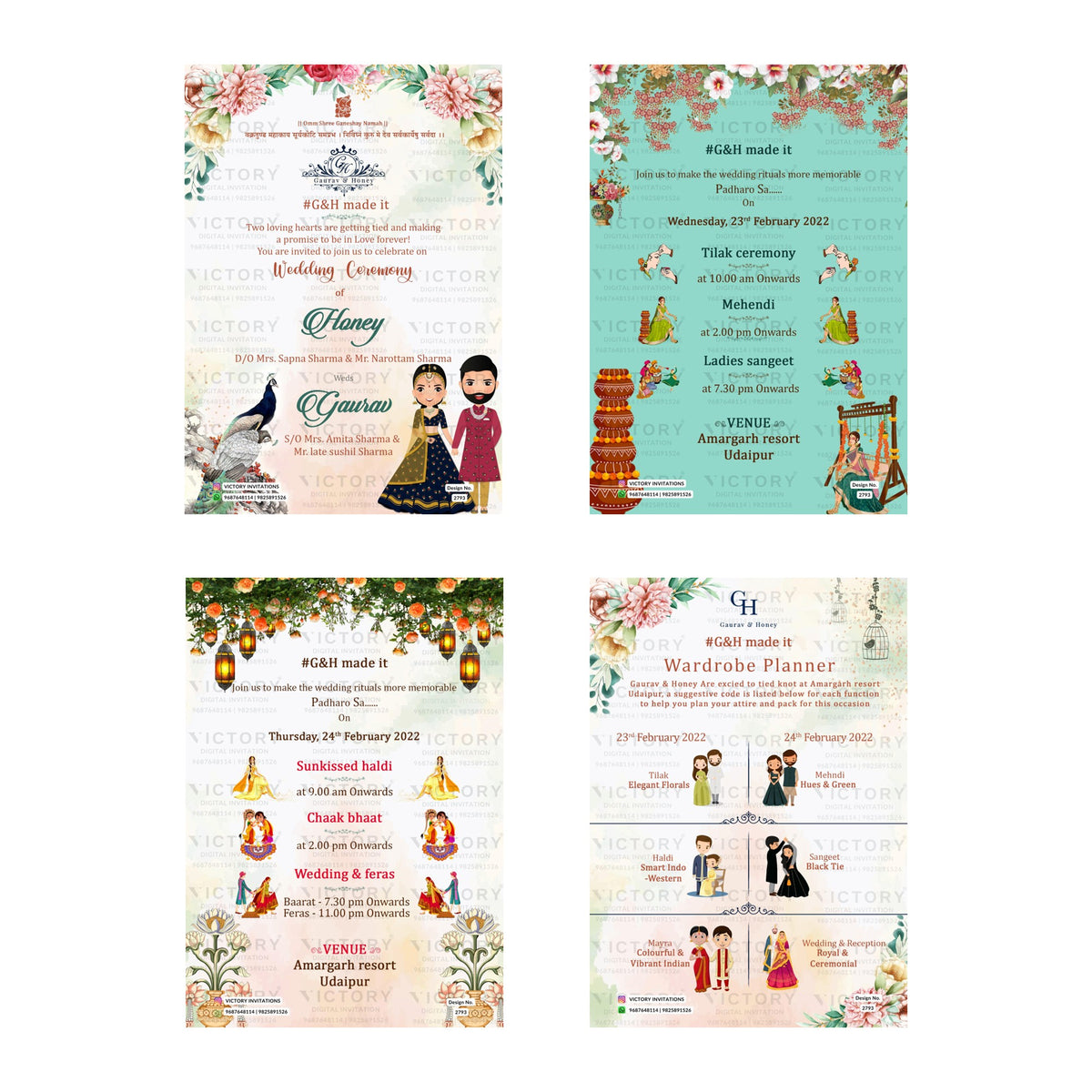 Traditional Indian wedding digital invitation card set 2793 featuring Honey and Gaurav templates with #G&H made it branding   