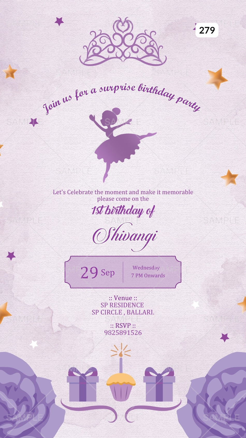 Birthday party invitation card Canva Editable Template for girl in english language with gifts, flowers as fairy theme design 279