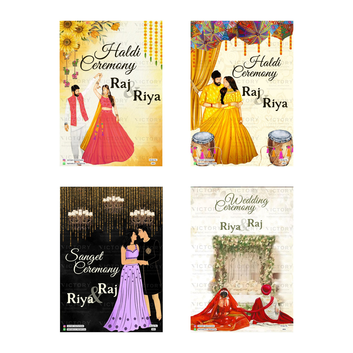 Traditional Indian wedding digital invitation card set 2803 featuring Raj and Riya templates with Haldi and Sangeet ceremony artwork   