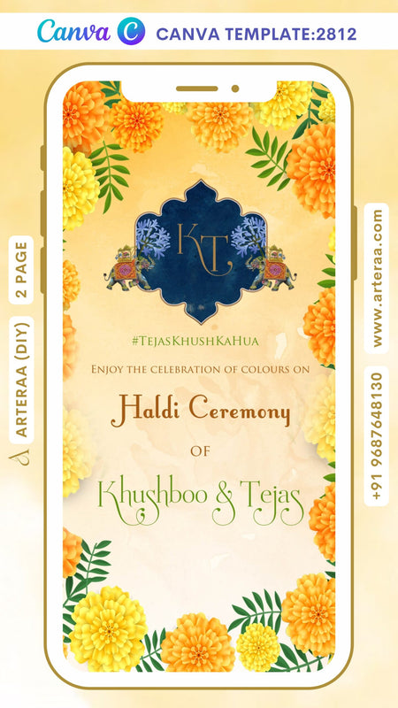 Haldi Welcome Standee design Canva Editable video Template in english language with marigold flower theme design 2812