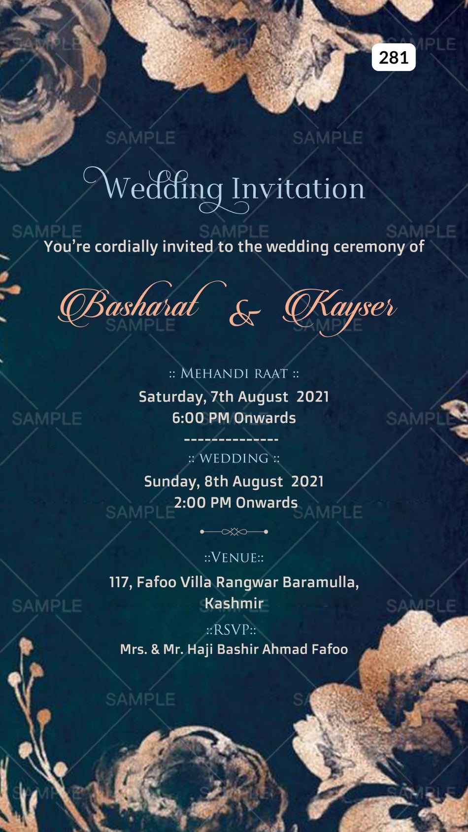 Wedding ceremony invitation card Canva Editable Template of hindu kashmiri family in english language with Artistic flowers theme design 281