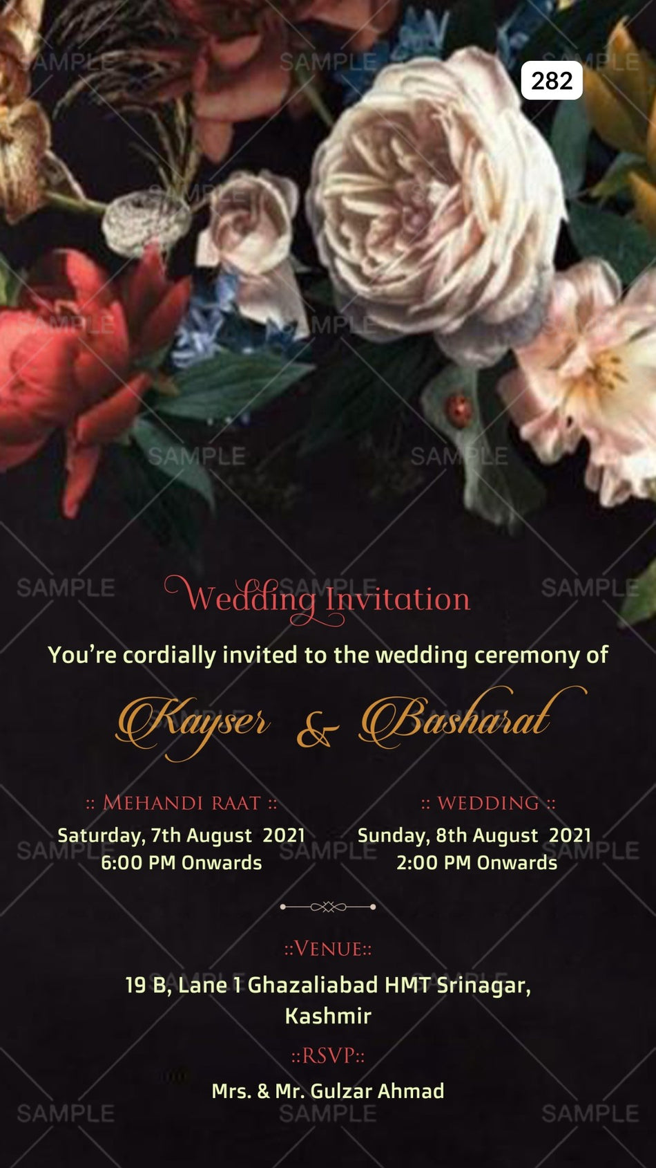 Wedding ceremony invitation card Canva Editable Template of hindu kashmiri family in english language with  Artistic flowers theme design 282