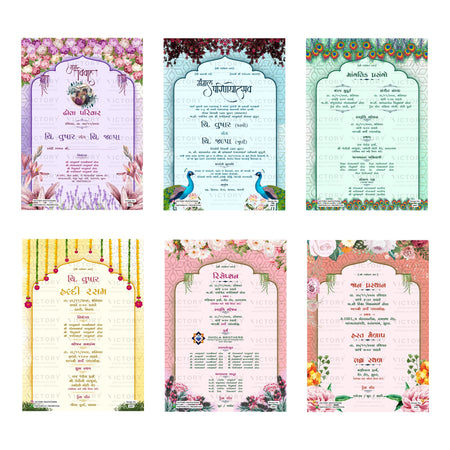 Traditional Gujarati wedding digital invitation card set 2887 featuring Tushar and Jalpa templates with Dhola family branding   