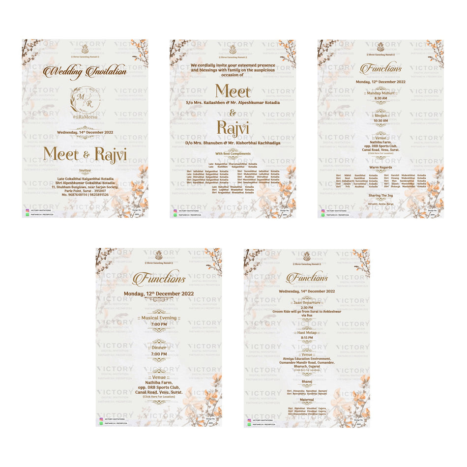 Five wedding invitation or program card designs arranged on a white background, each with elegant floral borders and gold text including 'Wedding Celebration,' 'Meet & Rajvi,' 'Funerals,' and 'Functions.'.