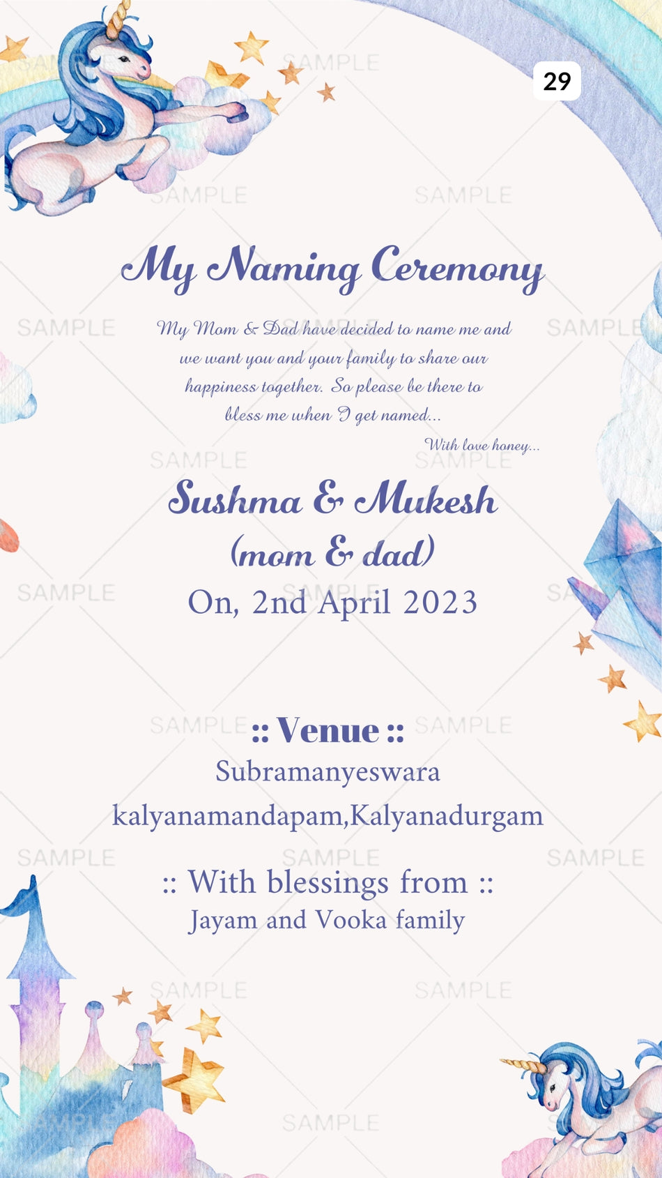 Baby Naming ceremony invitation card Canva Editable Template in english language with cloud, star, baby toy, baby photo as playful theme design 29