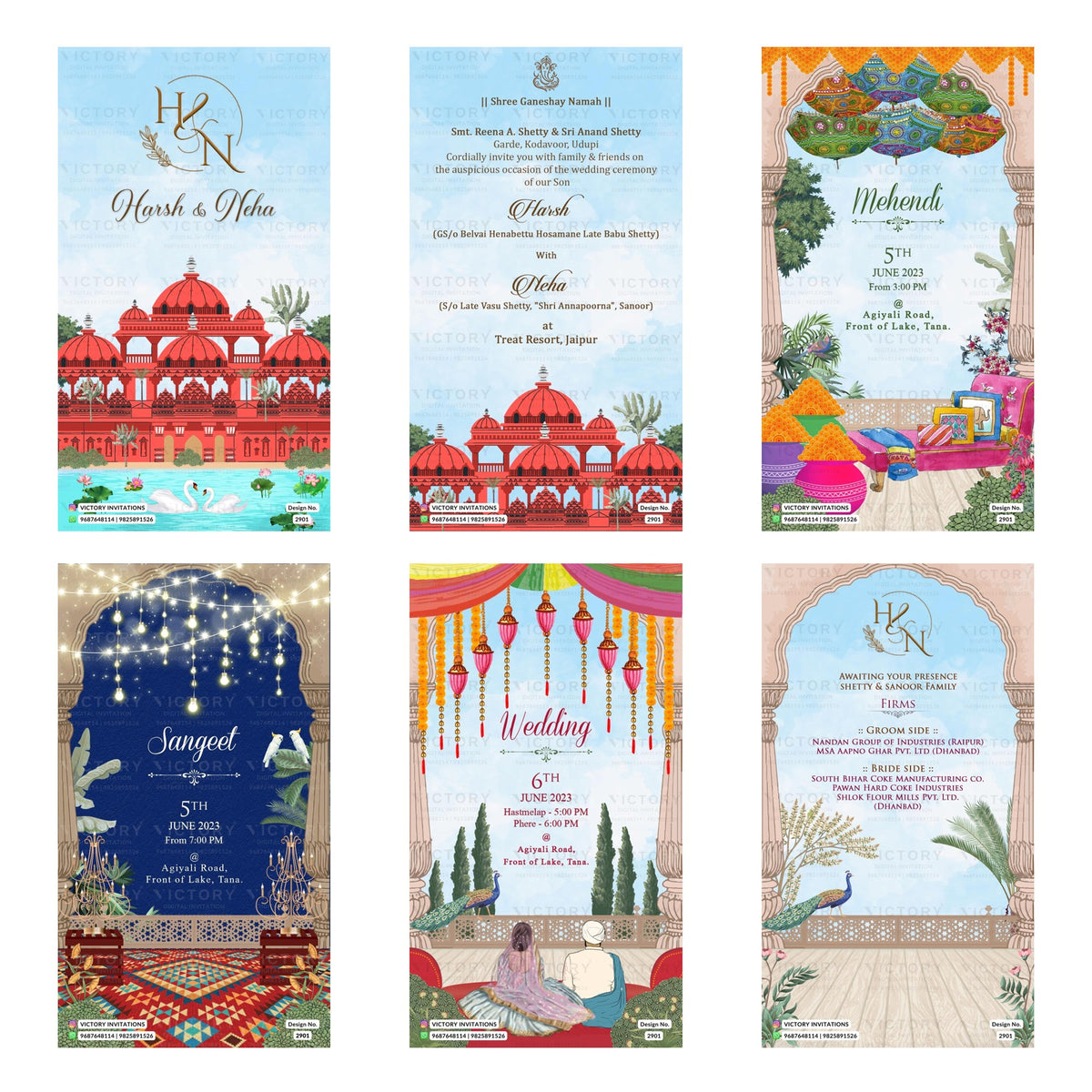 Six Indian wedding invitation card designs arranged in a 2x3 grid, featuring traditional motifs like red domed palaces, peacocks, hanging lanterns, and ornate arches in pastel and rich jewel tones.