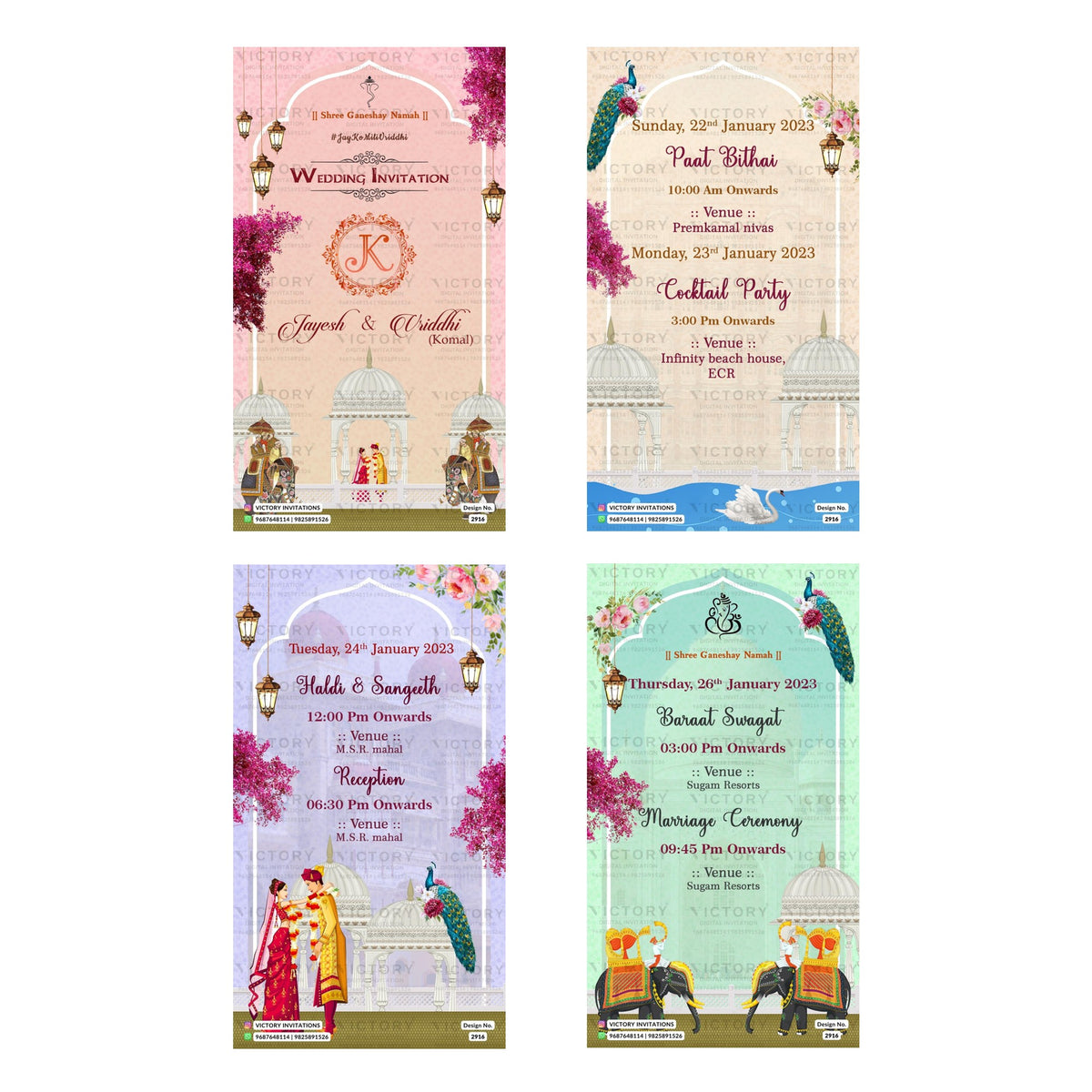 Four Indian wedding invitation templates arranged in a 2x2 grid, featuring traditional arch designs, peacocks, elephants, and domes on pastel pink, beige, lavender, and mint green backgrounds.