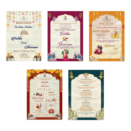 Five traditional Indian wedding invitation card designs arranged in a 2x3 grid on a white background. The designs feature colorful borders in cream, magenta, orange, red, and teal, with ornate arches, floral details, and illustrations of wedding elements like elephants, peacocks, and traditional attire.