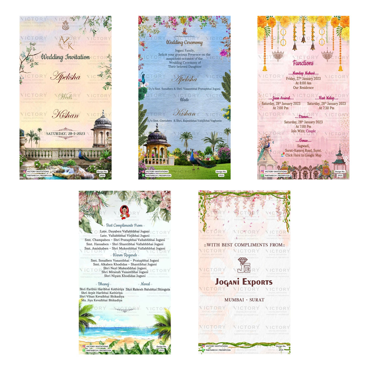 A set of six traditional Indian wedding invitation and program card templates from Victoria Designs, featuring floral borders, traditional architecture, and festive illustrations in pastel colors.