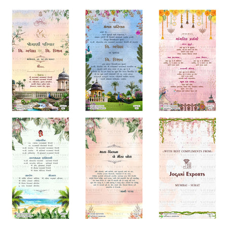 Six wedding invitation card designs arranged in a 2x3 grid, each with floral borders, traditional Indian motifs, and text in English and Hindi. The cards feature pastel backgrounds in pink, blue, green, and beige, with illustrations of palaces, gardens, and boats.