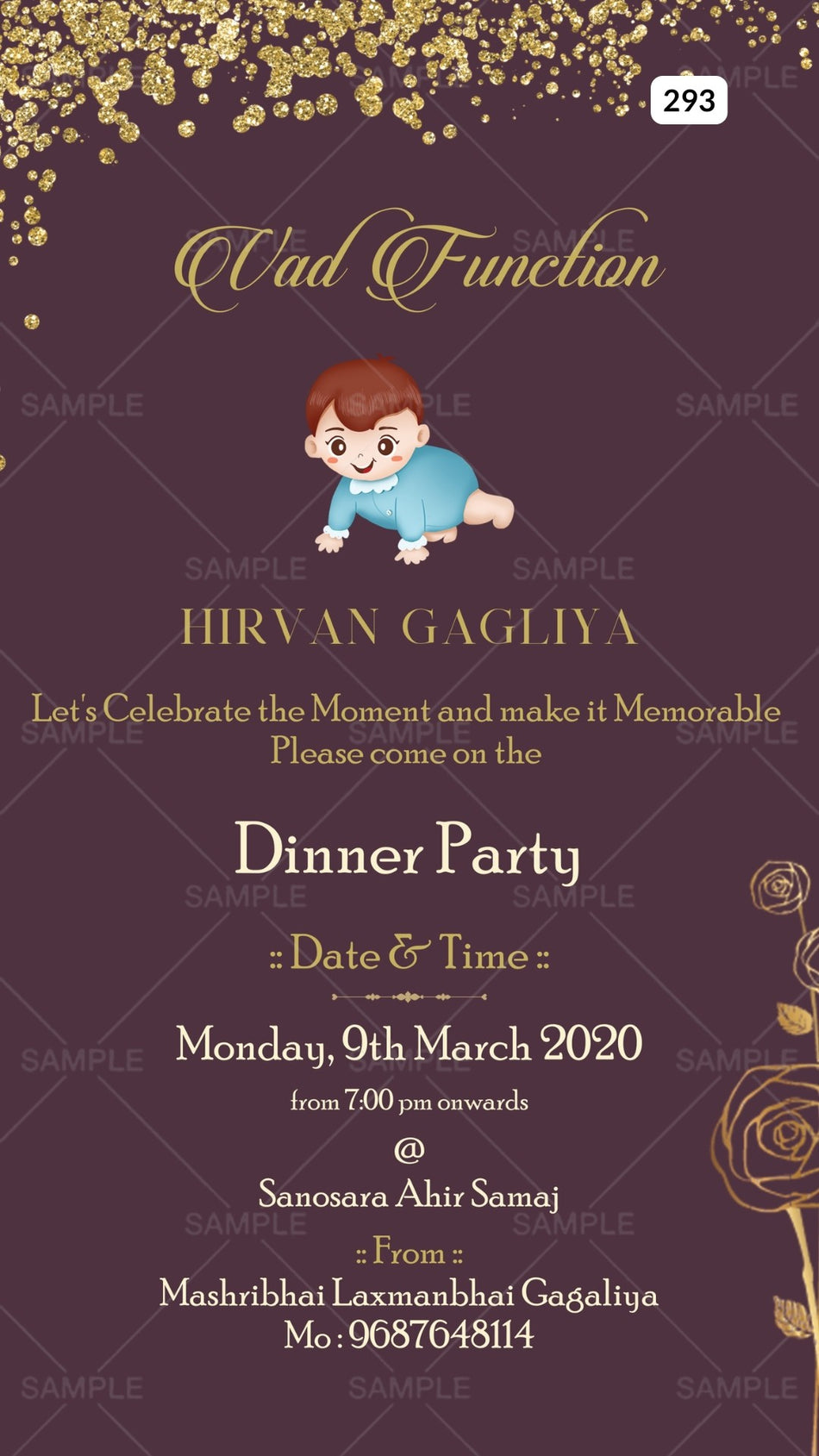 Vad Ceremony invitation card Canva Editable Template in english language with baby doodle as glittery theme design 293